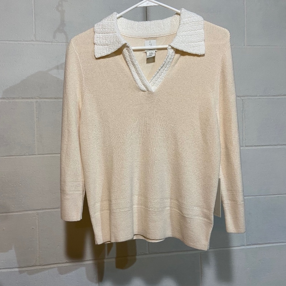Joie Womens V-neck Sweater Creme Crochet Knit Collared  Cotton 3/4 Sleeve Career